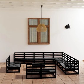 Set divani da giardino 14 pz nero in legno massello di pino