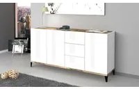 Credenza moderna a 3 ante e 3 cassetti, Made in Italy, Madia da cucina rialzata, Buffet di design da soggiorno, Cm 160x40h82, Bianco lucido e Acero