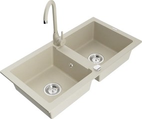 Mexen Mario lavello da cucina in granito a 2 vasche con rubinetto Telma, beige - 6504-69-670200-69