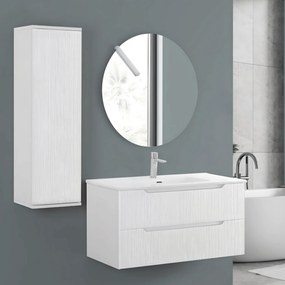 Mobile Bagno Sospeso Cannettato 100 Cm Due Cassetti Specchio Tondo a Filo Diametro 80 Cm Feridras "Kannè" Bianco Opaco