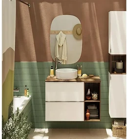 Mobile sottolavabo e lavabo Modern bianco e noce  L 60 x H 55 x P 45 cm 1 vasca 2 cassetti, top incluso