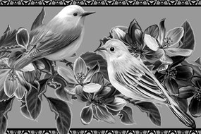 Stampa su tela – Uccellini e fiori in bianco e nero in versione vintage