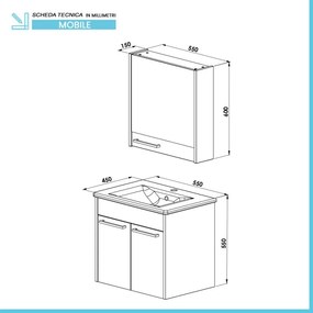 Mobile bagno sospeso 55 cm grigio effetto legno con armadietto a specchio Sofia