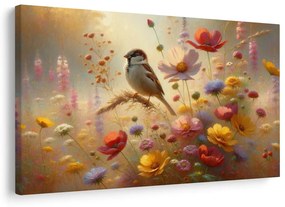 Quadro su tela – Passero nel giardino fiorito