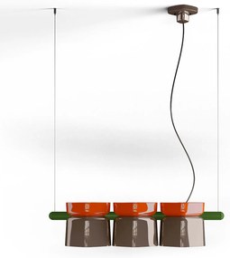 Lampadario Decò Yakitori Ceramica Arancio Volpe Moka Metallo Verde 3 Luci E27