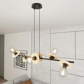 Lampadario 6 Luci Eos In Acciaio Nero E Legno Con Barra E Diffusori A Piatti
