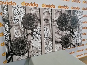 Quadro su tela – Fiori astratti su sfondo di marmo in bianco e nero
