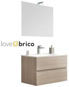 Mobile da bagno sospeso 80 cm con lavabo, specchio e led rovere fumo