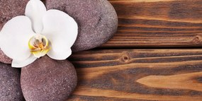 Stampa su tela – Pietre per il benessere e orchidea su sfondo di legno