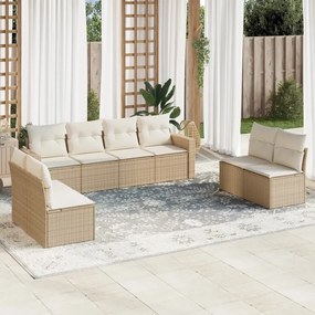 Set Divano da Giardino 9 pz con Cuscini Beige in Polyrattan