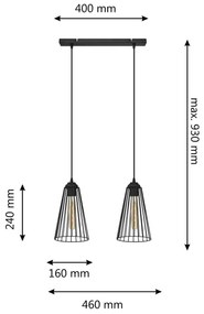 Lampadario a sospensione con filo TORRI 2xE27/15W/230V nero