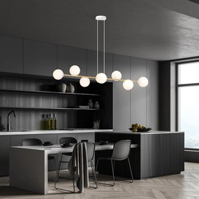 Sospensione Contemporanea Rhiannon 8 Luci In Acciaio Bianco E Oro E Vetro Bianco