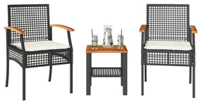 Set Da Bistrò 3 Pz Con Cuscini Nero Polyrattan E Legno Acacia /