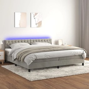 Letto a molle materasso e led grigio chiaro 200x200 cm velluto