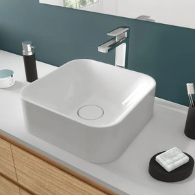 Lavabo da appoggio SENSEA Capsule quadrato in composito minerale di resina gelificata L 38 x H 15.3 x P 12.2 cm bianco lucido piletta non inclusa
