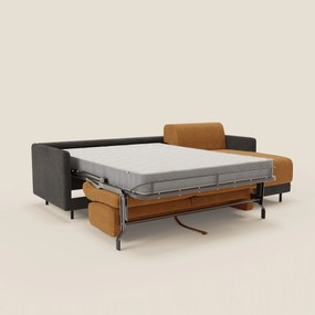Narciso divano letto angolare con materasso alto 18 cm e penisola contenitore in tessuto bicolore impermeabile T11 e T06 nero - ocra