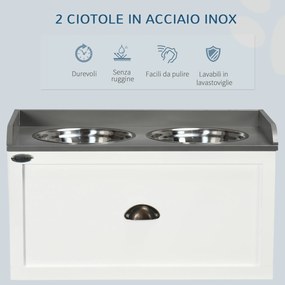 Ciotole per Cani Rialzate 60x30x36 cm con Cassetto in Acciaio Inox e Legno Bianco e Grigio...