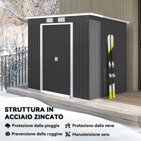 Capanno Attrezzi con Tetto Inclinato 213x130x172 cm 2 Ingressi e Prese d'Aria in Acciaio Grigio Scuro...