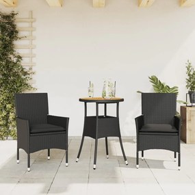 Set Pranzo Da Giardino 3 Pz Con Cuscini Nero Polyrattan Acacia /