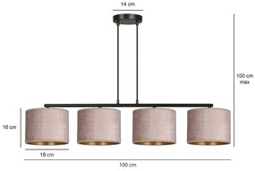 Lampadario 4 Luci Ganesha In Acciaio Nero E Paralumi In Tessuto Rosa