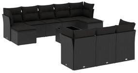 Set divani da giardino 11 pz con cuscini in polyrattan nero