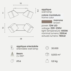 Applique per esterni a 2 Luci LED in alluminio Marrone e diffusore in vetro STEVE 28x11 cm