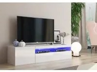 Mobile da soggiorno Porta TV, Made in Italy, Credenza per TV a 2 ante, Porta TV da salotto, cm 150x40h37, Bianco lucido, con luce LED blu