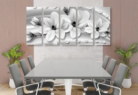 Quadri 5 pezzi – Magnolia di lusso con perle in bianco e nero