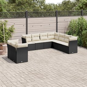 Set divani da giardino 9 pz con cuscini nero in polyrattan