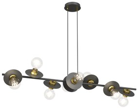 Lampadario 8 Luci Eos In Acciaio Nero E Oro Con Barra E Diffusori A Piatti
