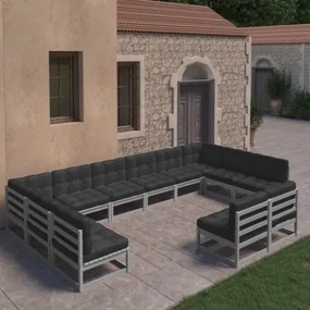 Set Divani da Giardino 12pz con Cuscini Grigio Massello di Pino