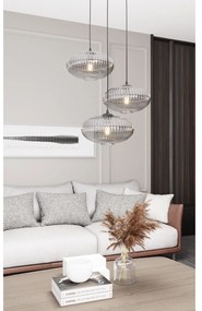 Lampadario 3 Luci Iris Base Tonda In Acciaio Nero Paralume Plissettato Fumè