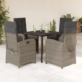 Set da pranzo da giardino 5 pz con cuscini in polyrattan grigio