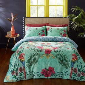 Set copripiumino e federa verde e blu in raso di cotone per letto matrimoniale e per letto esteso 230x220 cm Paradise Parrot – Matthew Williamson