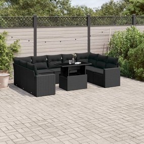 Set divani da giardino 10pz con cuscini in polyrattan nero