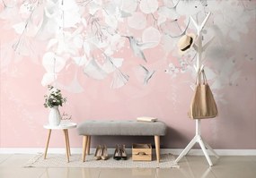 Carta da parati – Foglie con Colibrì in Rosa-Grigio