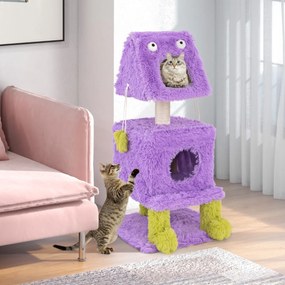 Costway Albero per gatti con 2 nidi privati palo per graffio in sisal giocattoli pendenti, Torre di gatti a tema mostro carina Viola