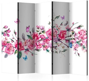 Paravento Fiori e farfalle II (5-parti) - petali di ciliegio romantici