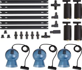 Sistema a binario moderno nero con 4 faretti e 3 lampade a sospensione blu monofase - Iconic Bell Jeana Luxe