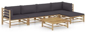 Set divani da giardino 6 pz con cuscini grigio scuro in bambù