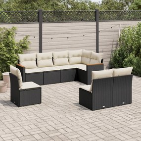 Set divani da giardino con cuscini 8 pz nero in polyrattan
