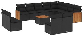 Set Divani da Giardino 13pz con Cuscini Nero in Polyrattan