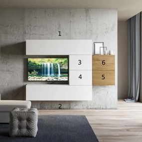 Parete soggiorno Isoka A24 L.234 H.160 P.39,5 Bianco e Quercia