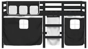 Letto a soppalco bambini con tende bianco e nero 90x190 cm pino