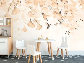 Carta da parati – Foglie con Colibrì in Tonalità Peach Fuzz
