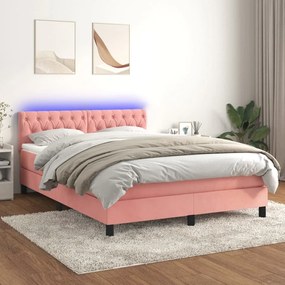 Letto a molle con materasso e led rosa 140x200 cm in velluto