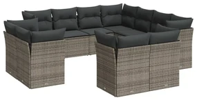 Set divani da giardino 11 pz con cuscini in polyrattan grigio