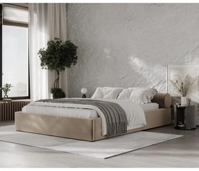 Letto matrimoniale imbottito marrone chiaro con contenitore e rete inclusi 180x200 cm Solvo – Maison de Rêve