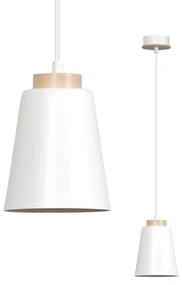Sospensione 1 Luce Bolero A Cono In Acciaio Bianco E Legno Naturale