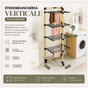 Stendibiancheria a Torre Verticale a 4 Livelli 69x69x175 cm Pieghevole con Ruote Nero e Legno...